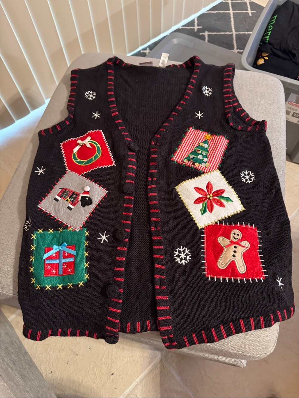 Vintage Holiday Editions Black Holiday Patchwork Vest with Red Trim